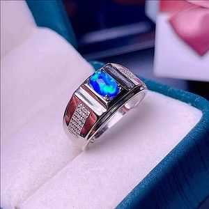 S925 Natural 2CT Blue Firestone Opal Mens Ring